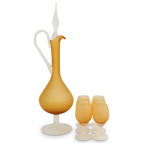 (7 PCS) ORANGE ART GLASS DECANTER &