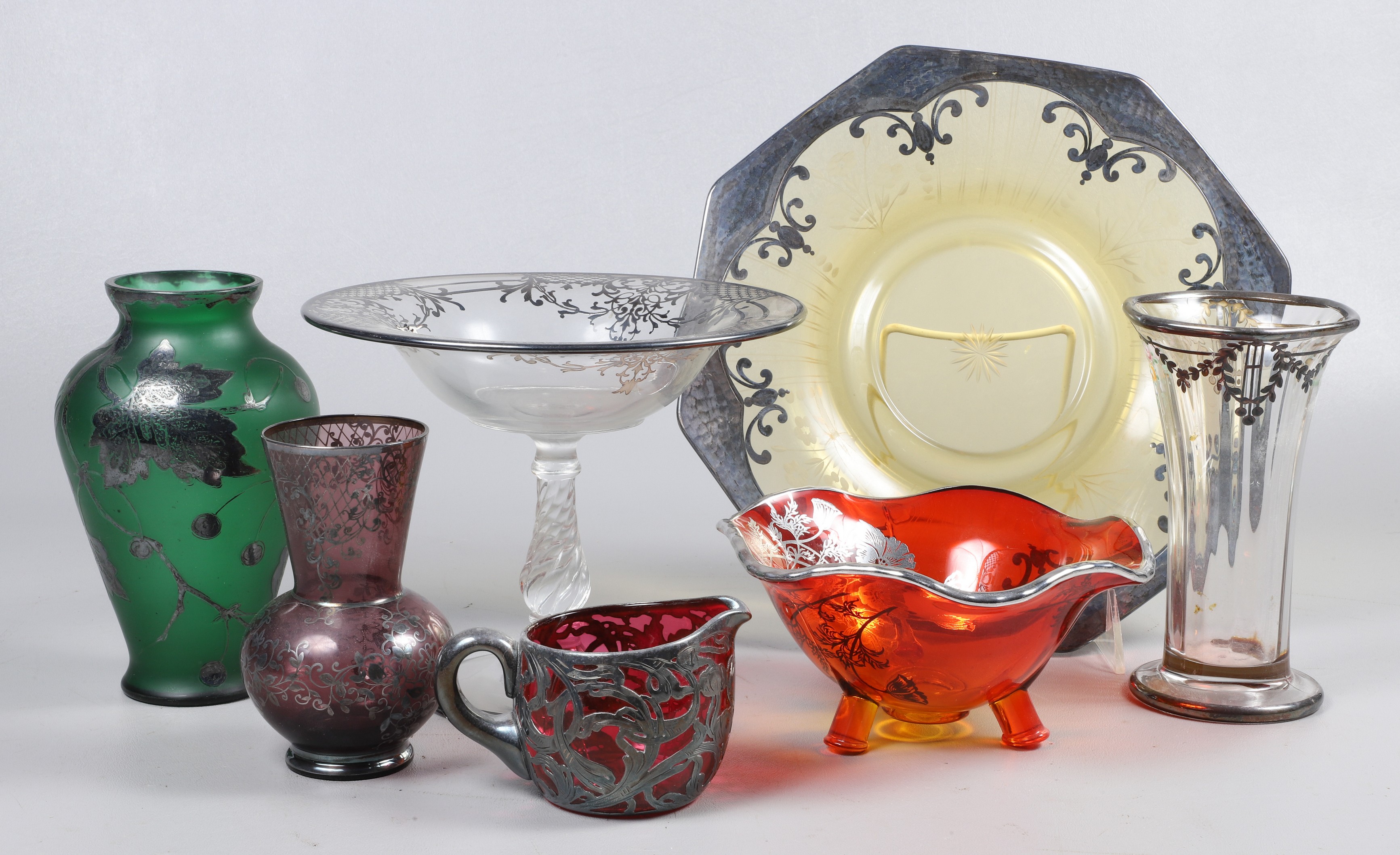 (7) Pcs silver overlay glass, c/o