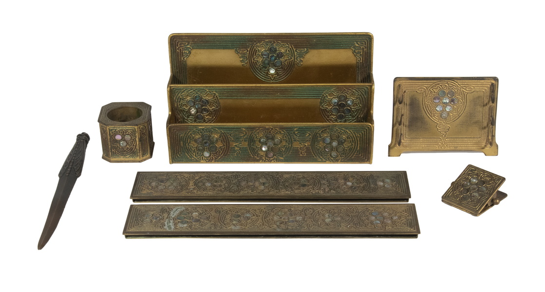 (7 PCS) TIFFANY STUDIOS BRONZE DESK