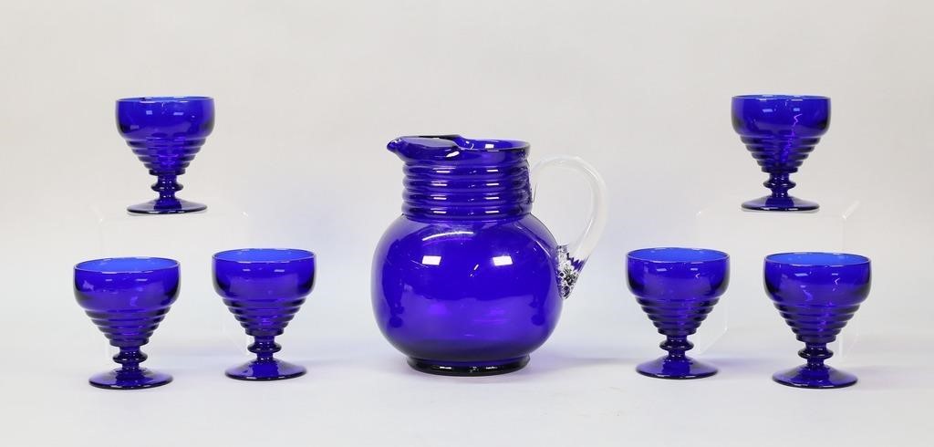 7 PIECE LOUIE STYLE COBALT GLASS