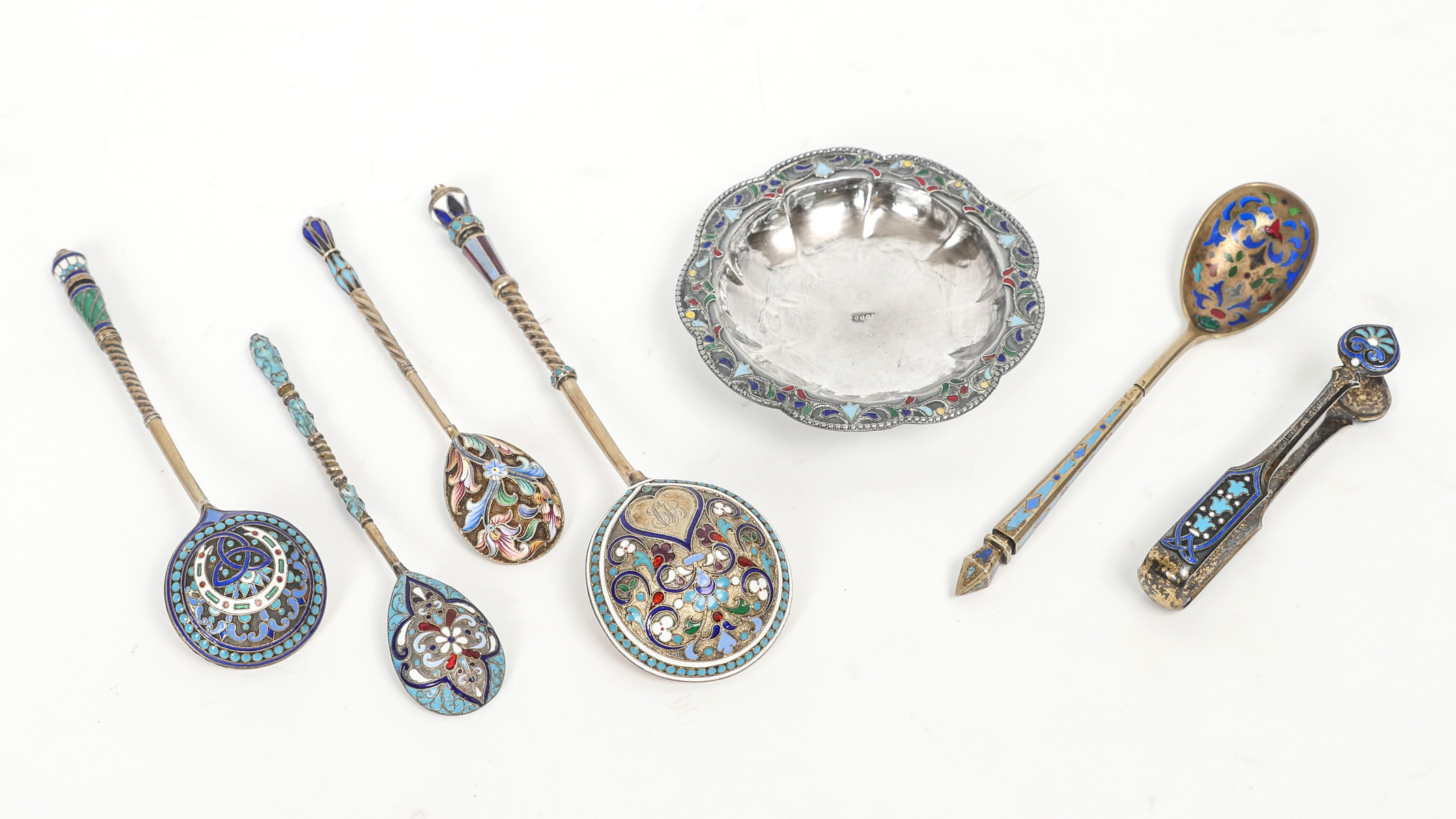 7 PIECE RUSSIAN SILVER GILT &