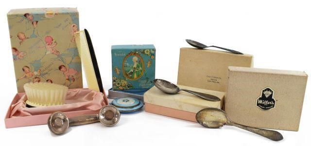 (7) STERLING BABY SPOONS, RATTLE,