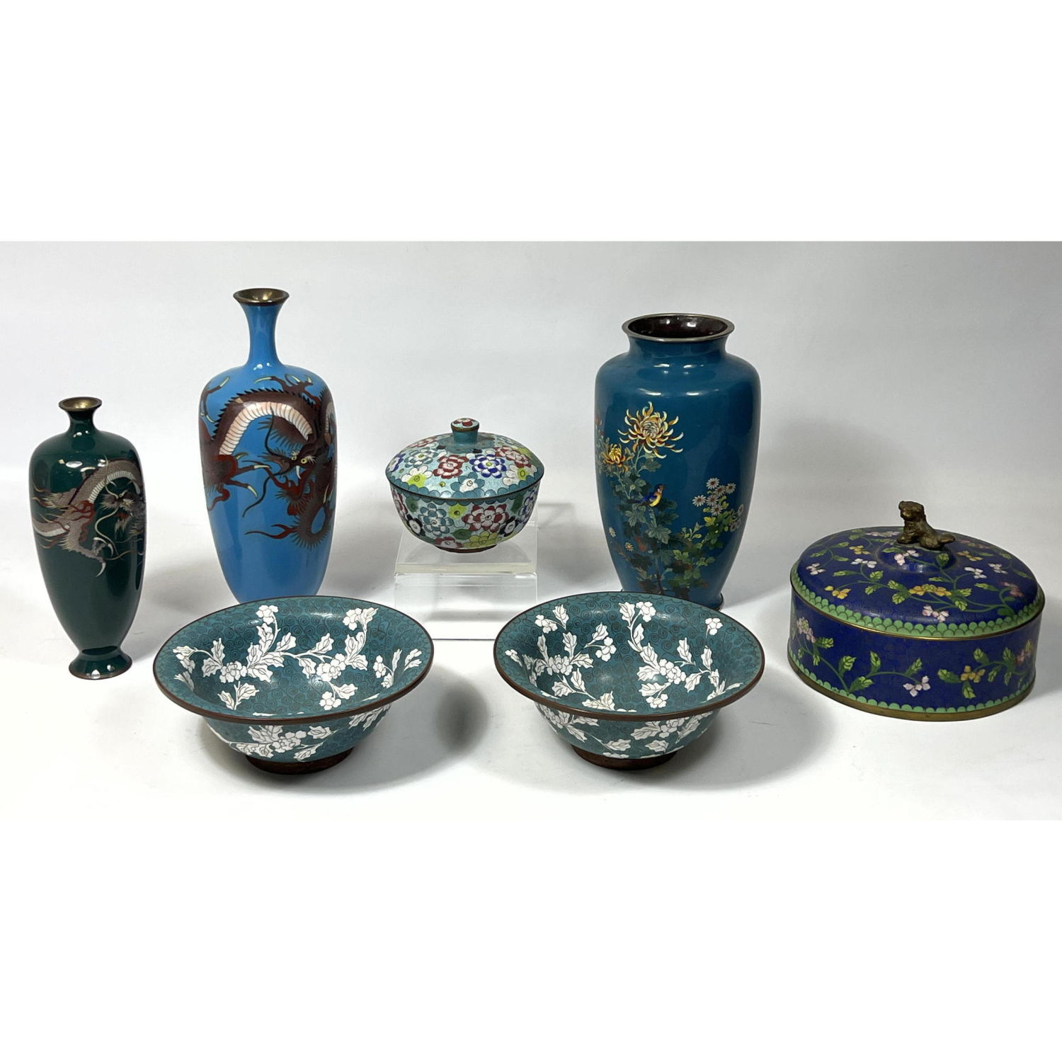 7pc carved Cloisonne floral vases