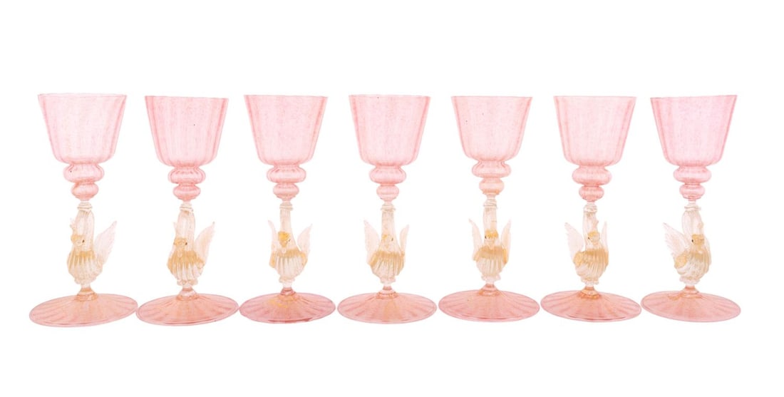 7PC PINK VENETIAN SWAN STEM WINE