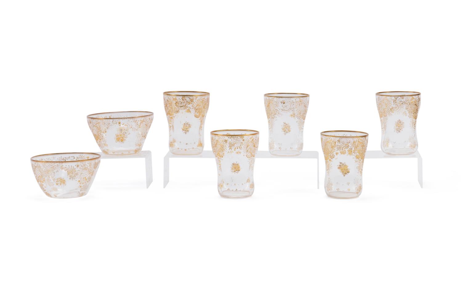 7PCS FLORAL GILT DIMPLED TUMBLERS &