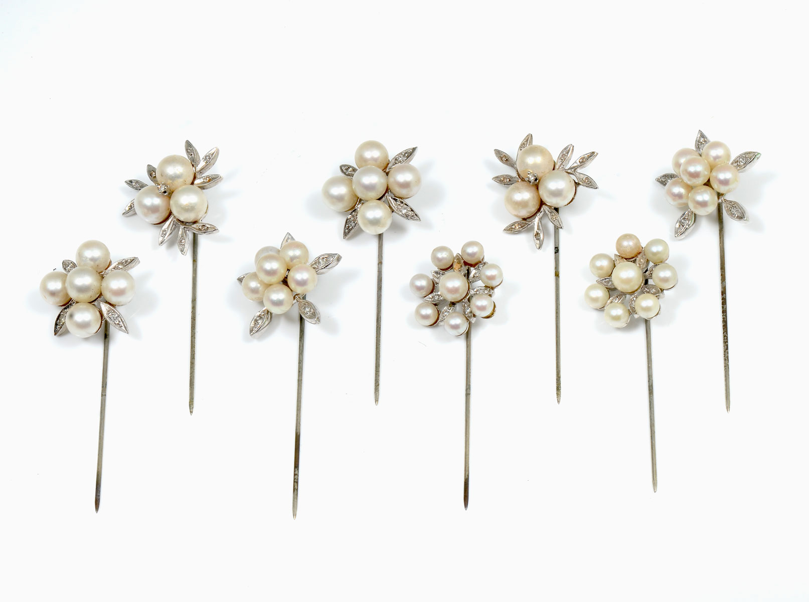 8 14K PEARL & DIAMOND STICKPINS: