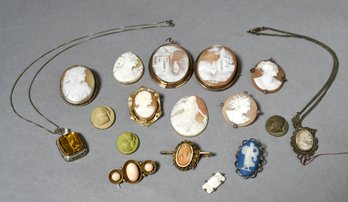 8 Antique cameos, 1” - 2”L, with