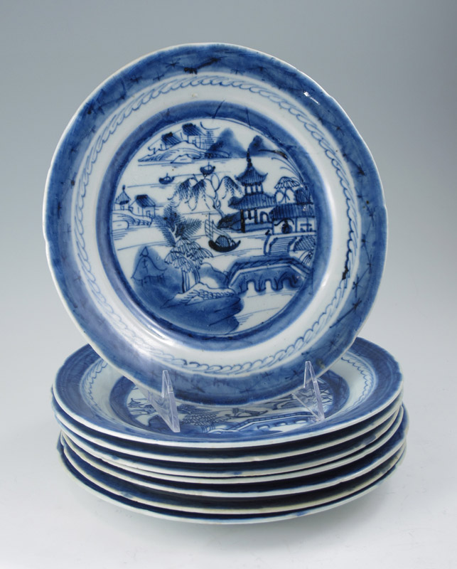 8 CANTON BLUE AND WHITE PLATES: 9''