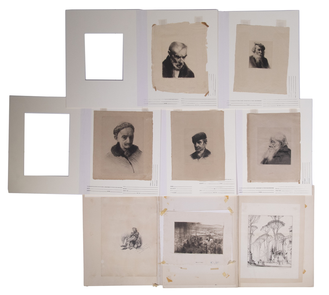 (8) ETCHINGS, UNFRAMED, ALL BUT ONE