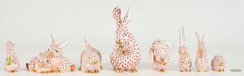 8 HEREND PORCELAIN BUNNIES, RED