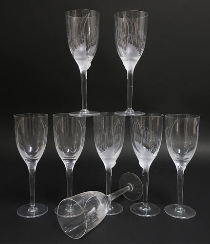 8 LALIQUE ETCHED WINE STEMS, 'ANGE'