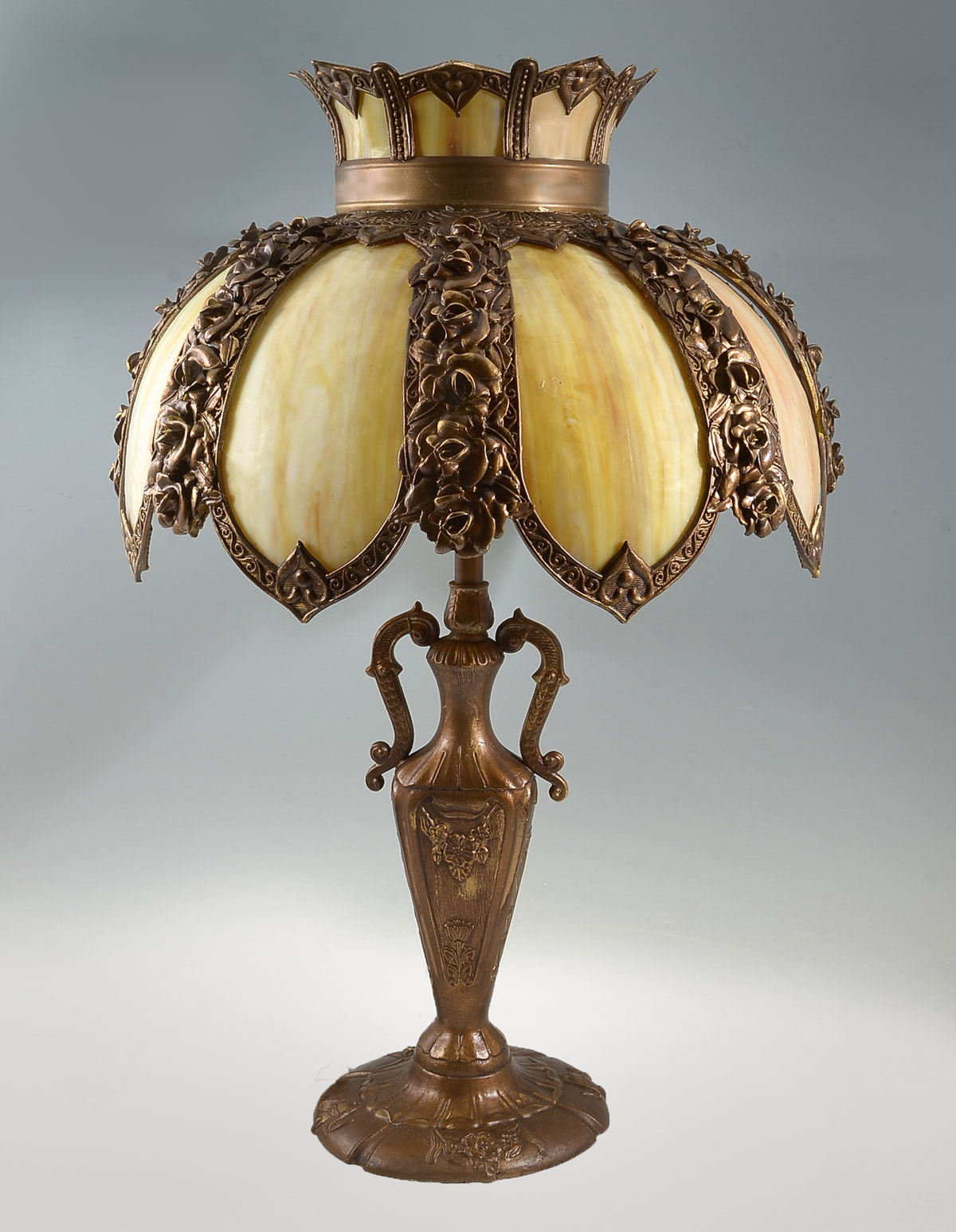 8 PANEL CARAMEL SLAG GLASS LAMP: