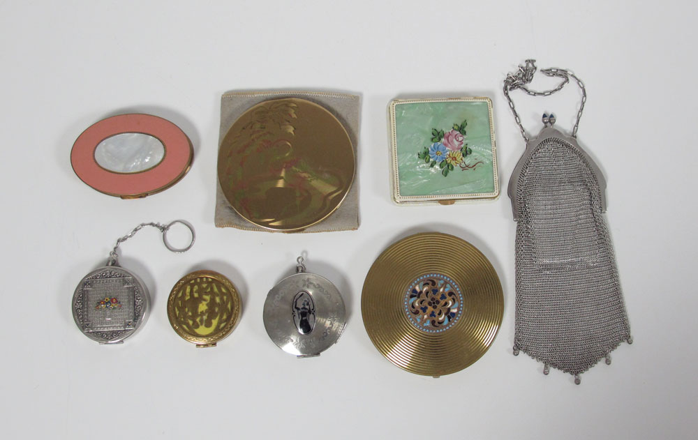 8 PC. ART DECO COMPACTS AND MESH