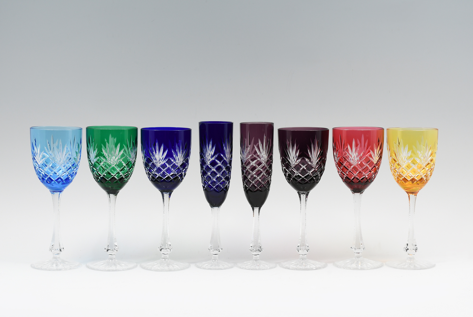 8 PC. FABERGE CUT TO CLEAR STEMS: