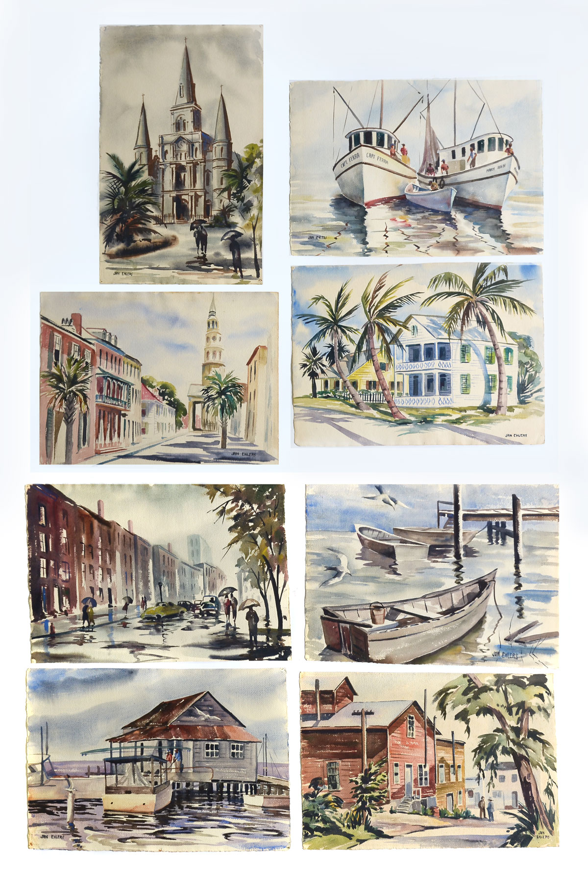 8-PIECE JAN EHLLERS WATERCOLOR