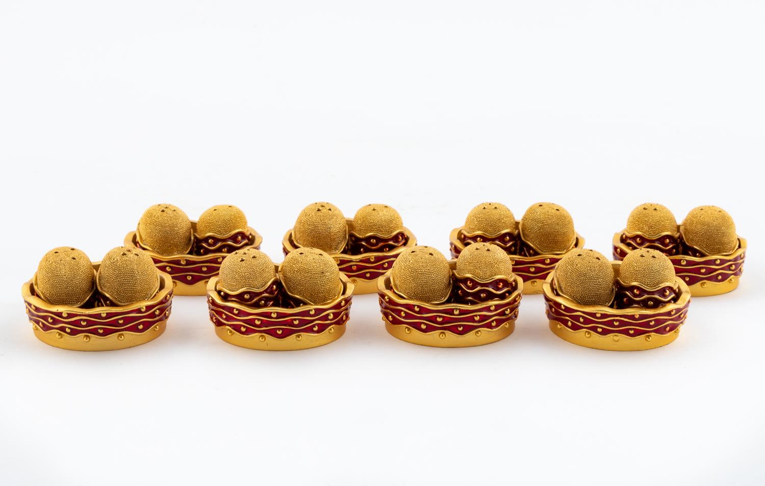 8 RED ENAMEL BIRD NEST MOTIF SALT &