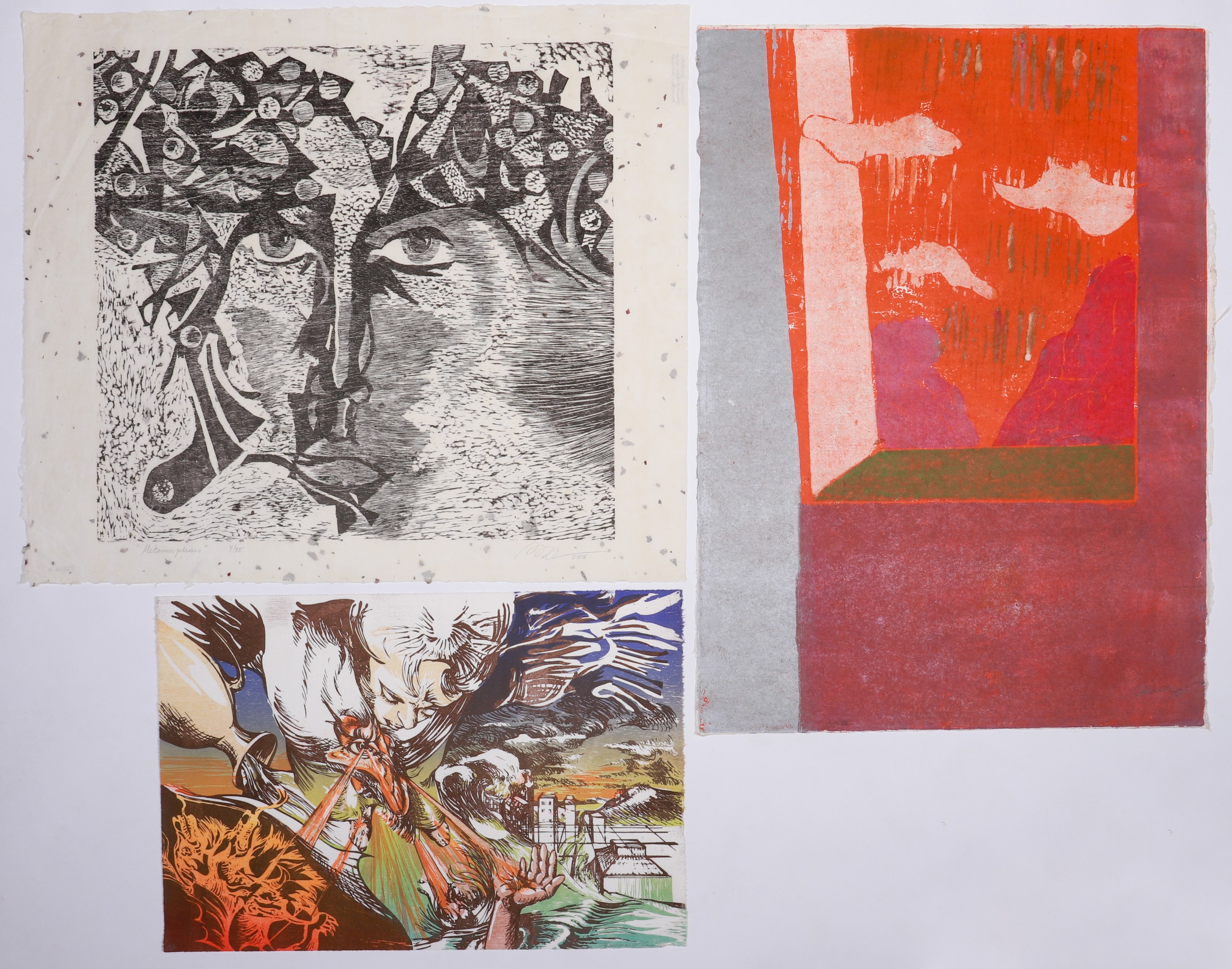 (8) Signed woodcut & linocut