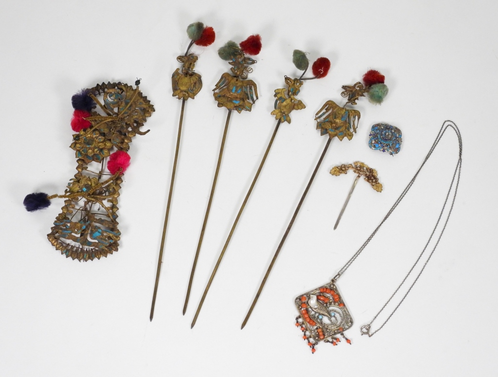 8PC 19C CHINESE KINGFISHER HAIR PIN
