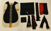 8PC. BLACK & RED SILK VESTMENT
