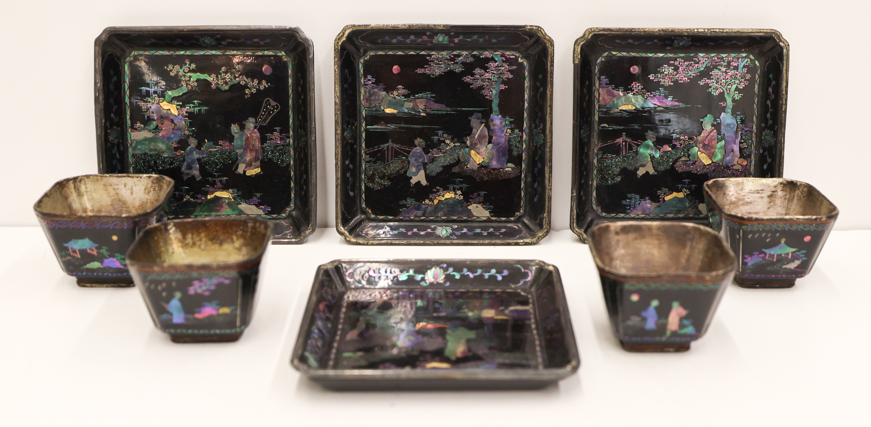 8pc Chinese Lac Burgaute Silver