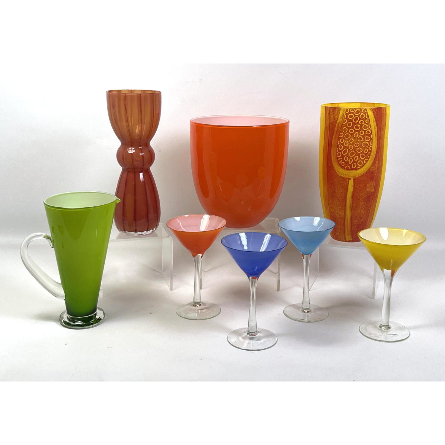 8pc Colorful Art Glass Lot. Pitcher