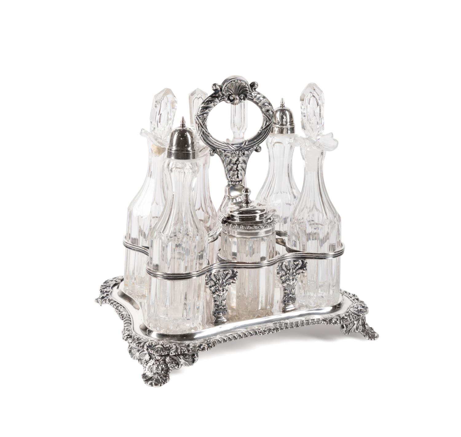8PC GEORGE IV SILVER & CUT GLASS