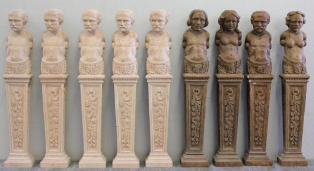 9 Carved Wood Balusters.From a
