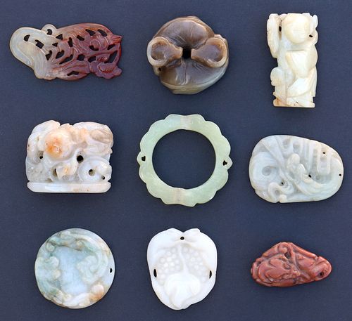 (9) CHINESE CARVED JADE PLAQUES,