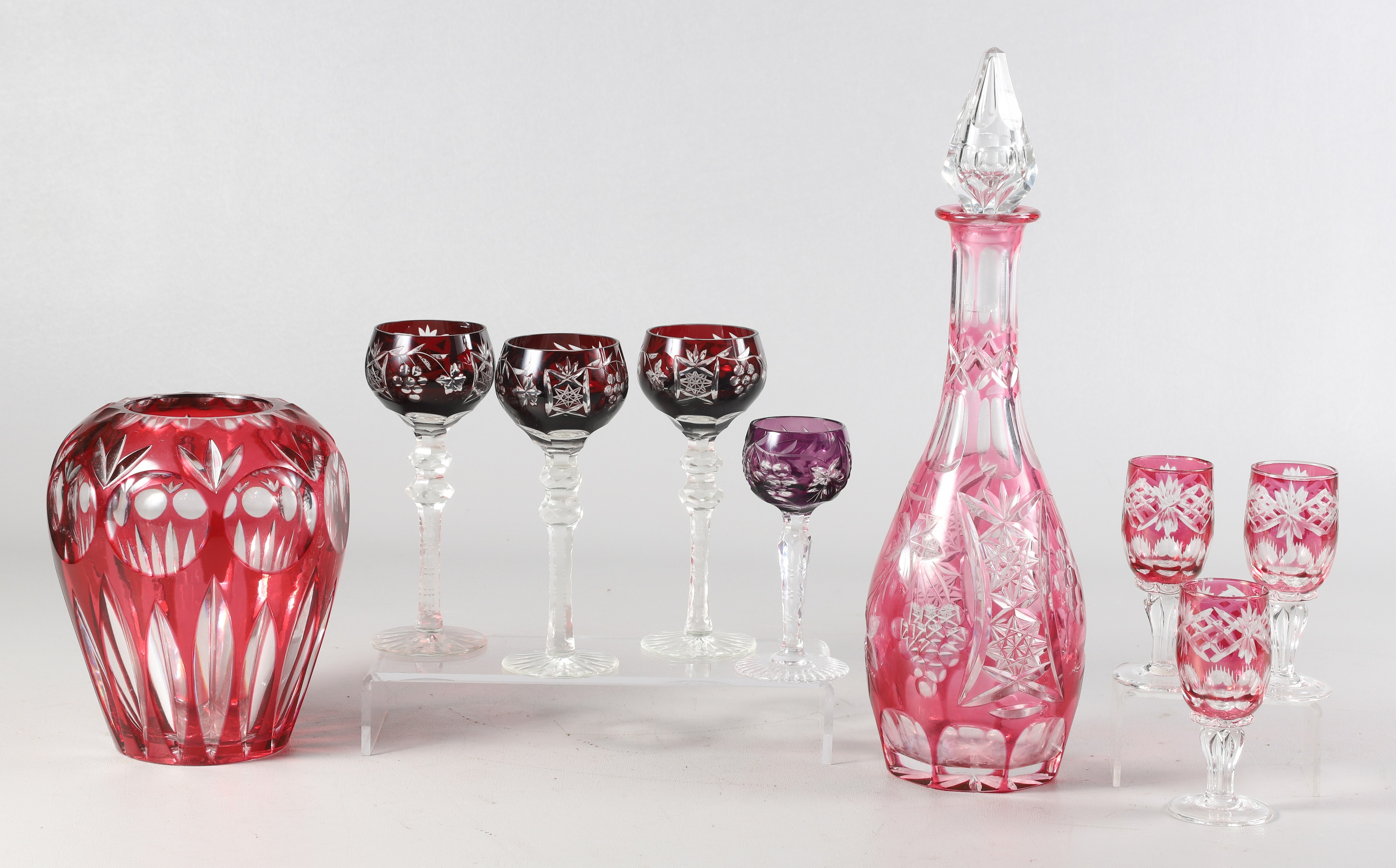 (9) Cut to clear decanter, vases