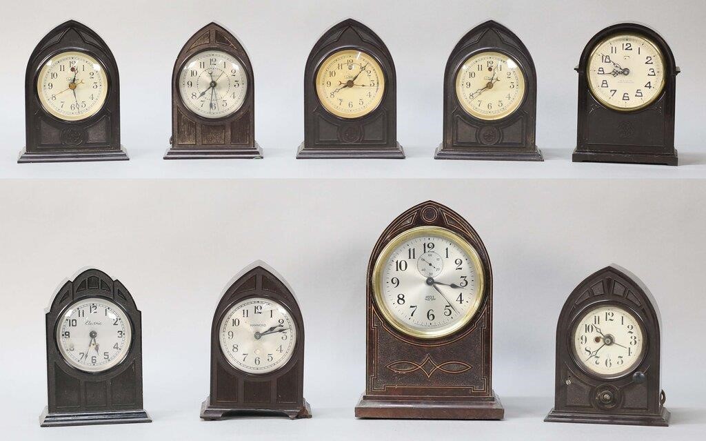 9 ELECTRIC BAKELITE CLOCKS POOLE