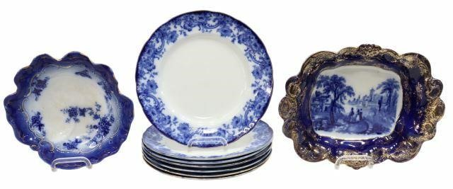 (9) FLOW BLUE SERVICE PLATES &