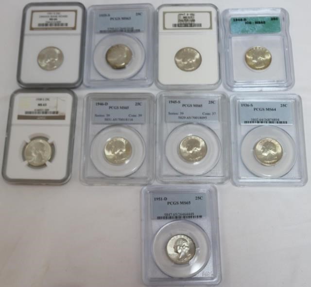 9 GRADED WASHINGTON QUARTERS.