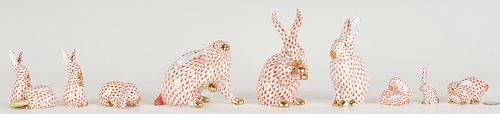 9 HEREND PORCELAIN RABBITS, RED