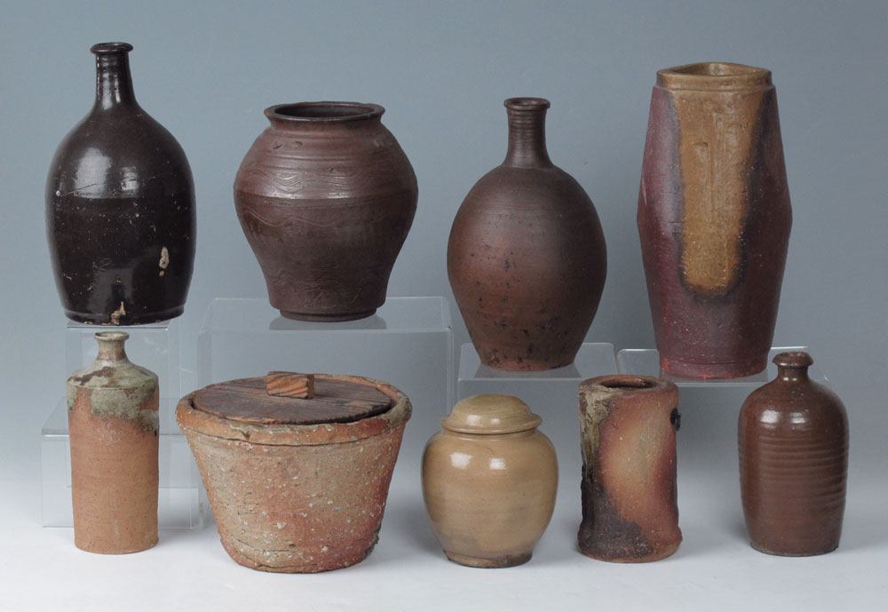 9 PC JAPANESE POTTERY BOTTLES WATER
