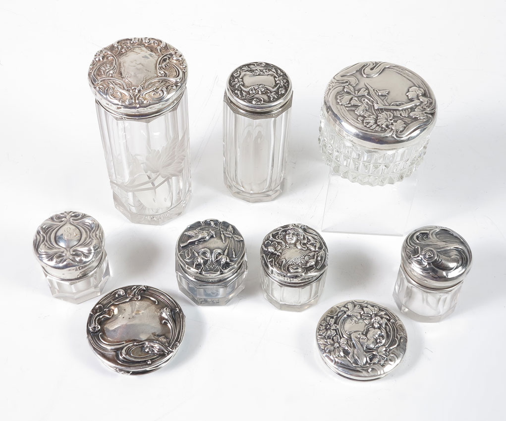 9 PIECE ART NOUVEAU STERLING LIDDED