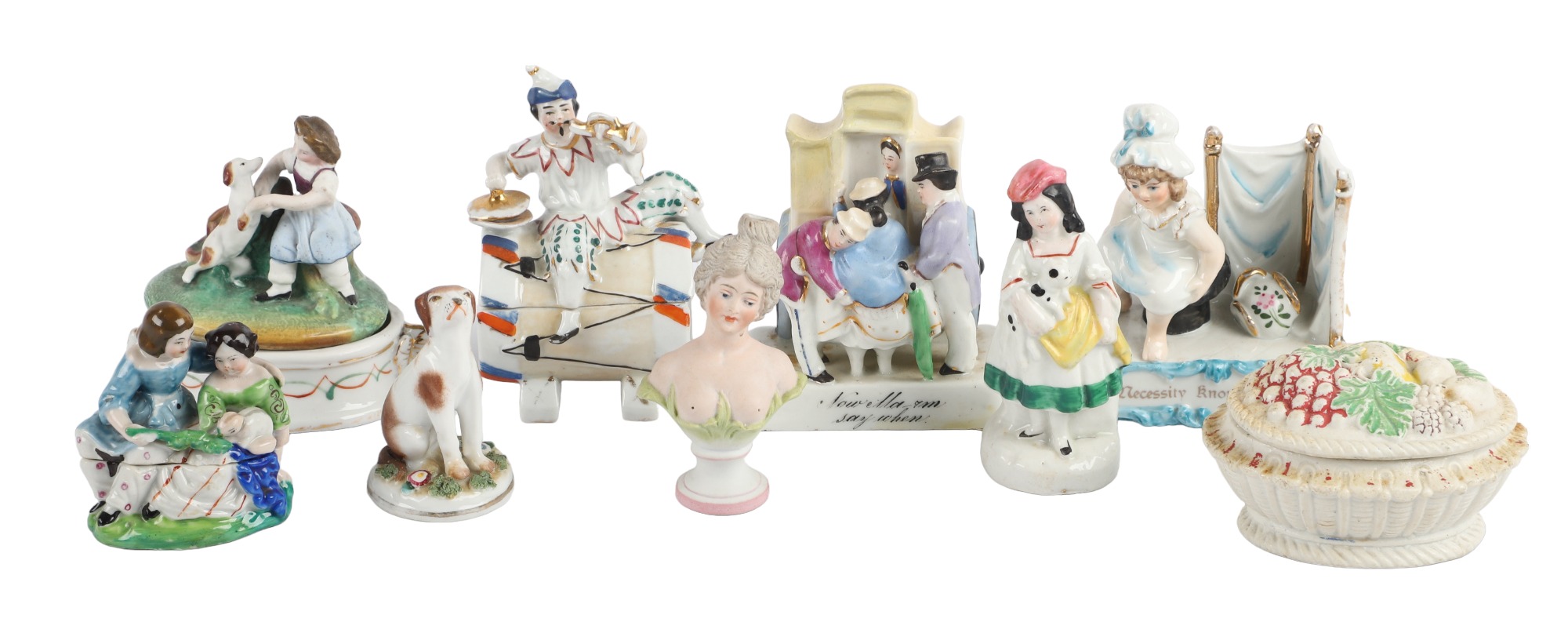 (9) Porcelain fairing trinkets, c/o