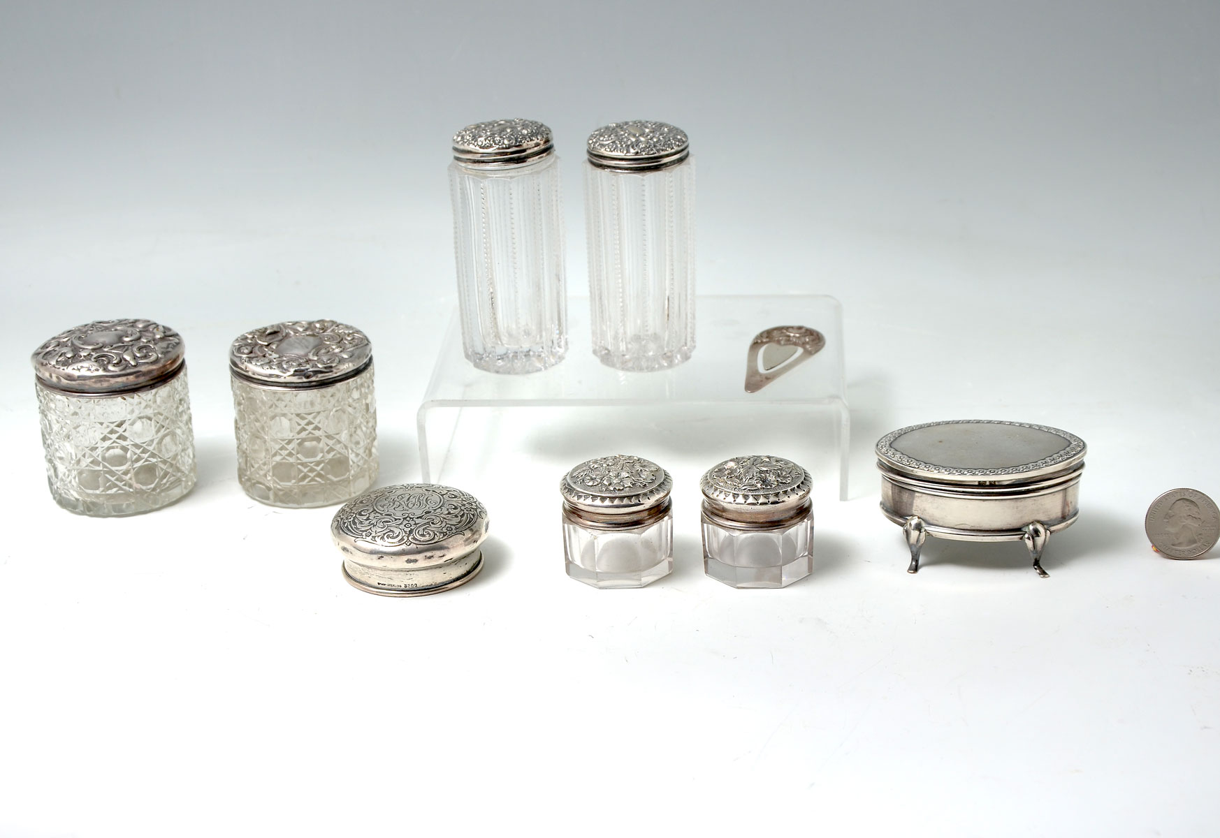 9 SILVER & GLASS DRESSER SET ITEMS: