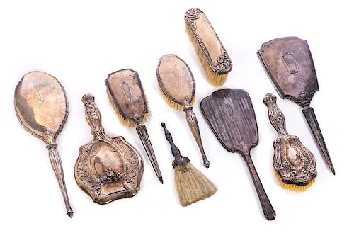 9 STERLING SILVER BRUSHES AND