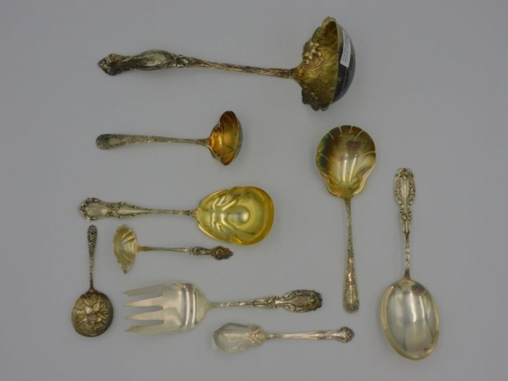 (9) STERLING SILVER SERVING PIECES.