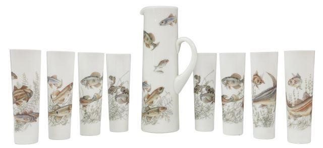 (9) WHITE OPAQUE GLASS FISH PATTERN