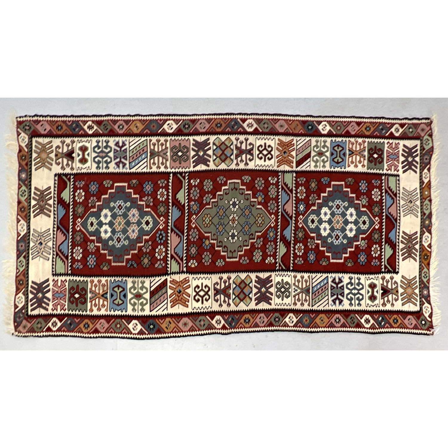 9'3" x 4'4". Flat weave Handmade