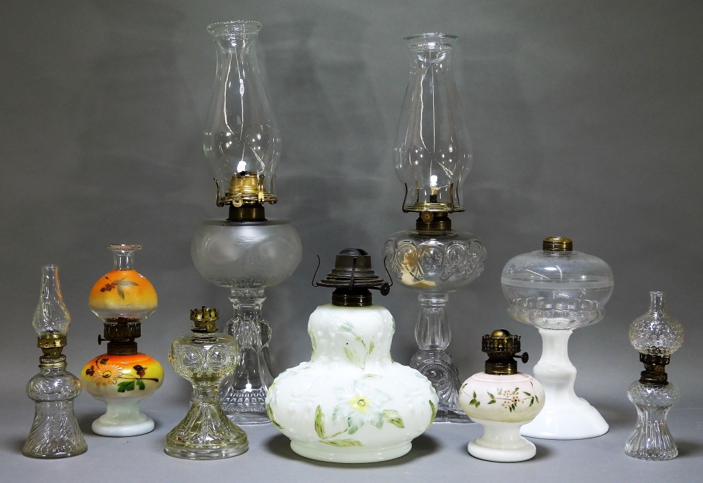9PC ANTIQUE FLINT PRESSED GLASS OIL