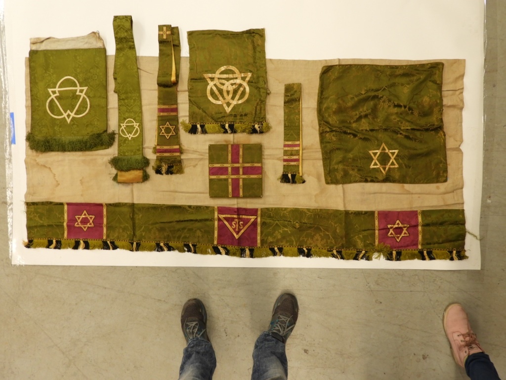 9PC. CATHOLIC GREEN SILK BROCADE
