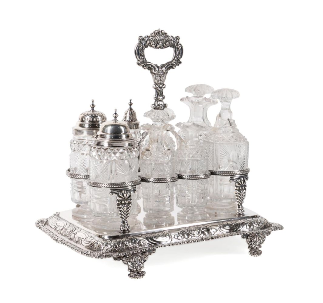 9PC GEORGE III SILVER & CUT GLASS