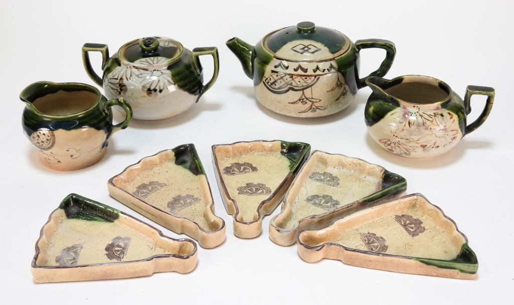 9PC JAPANESE ORIBE STONEWARE