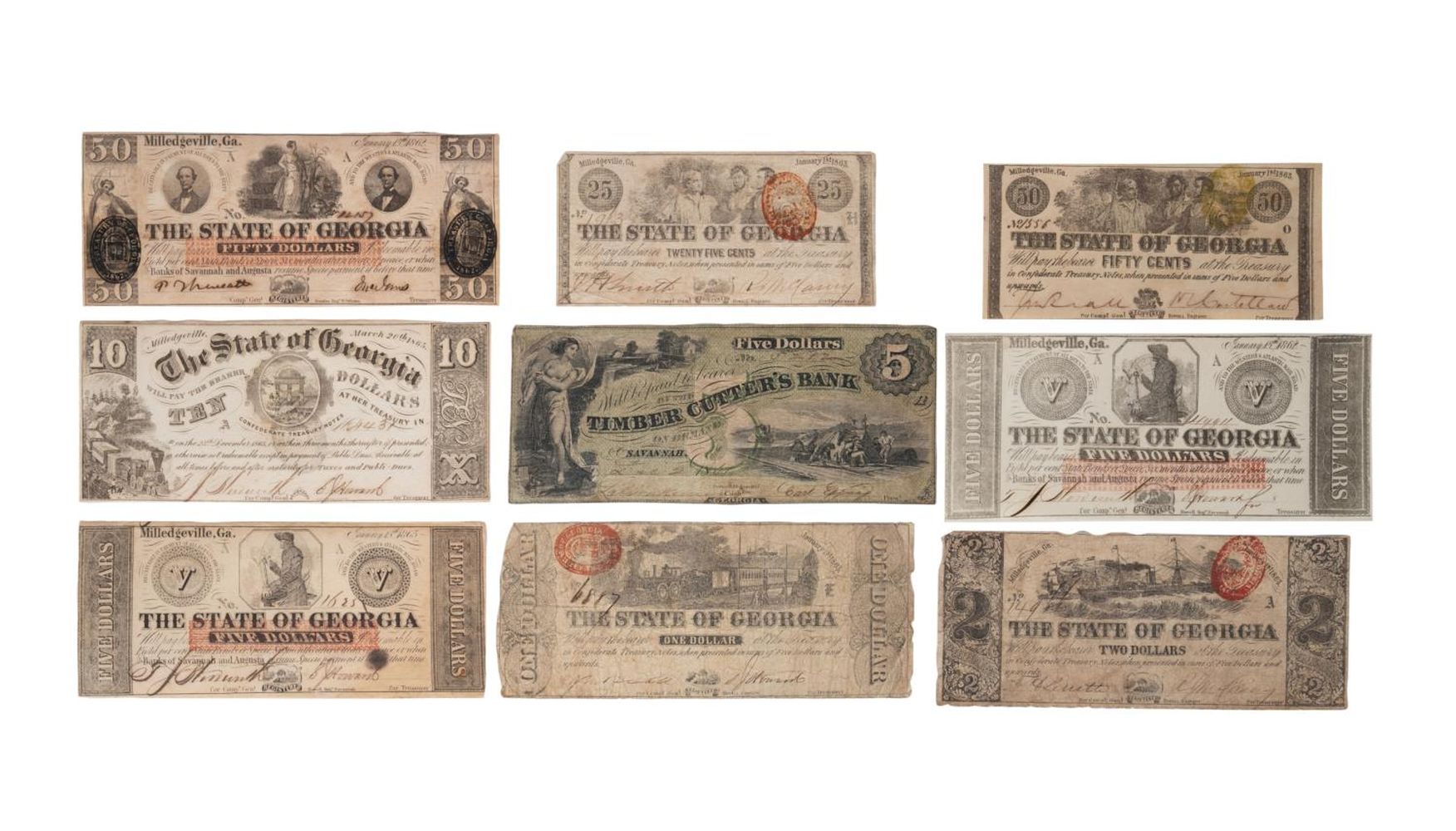 9PCS GEORGIA CONFEDERATE CURRENCY