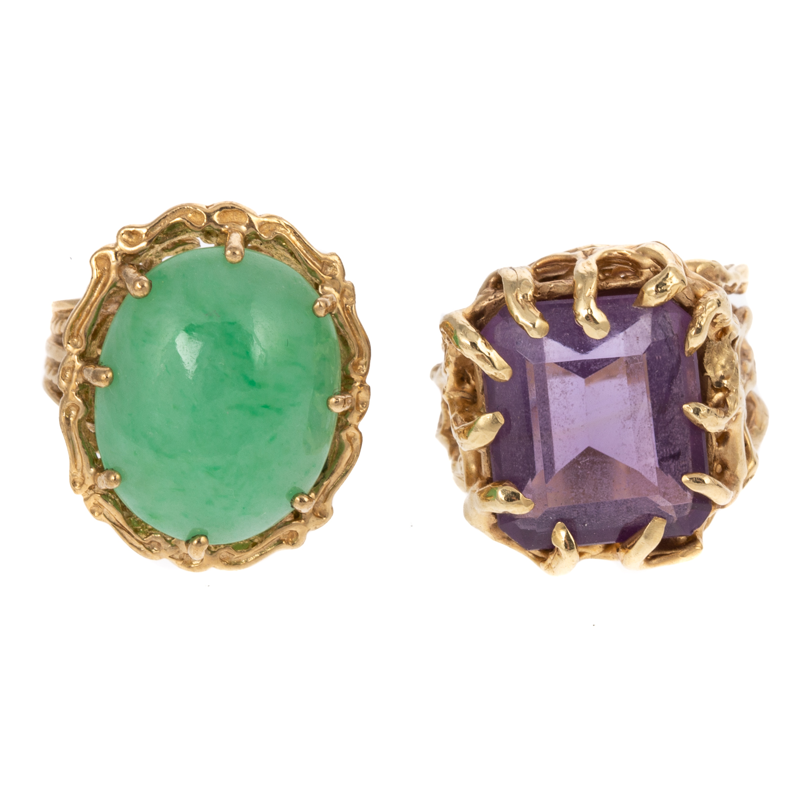 A 14K AMETHYST RING & 10K JADE RING