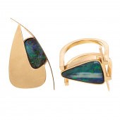 A 14K FREEFORM OPAL RING & EAR