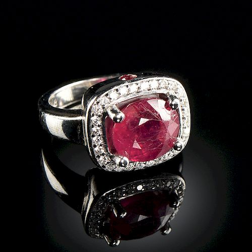 A 14K WHITE GOLD, RUBY, AND DIAMOND