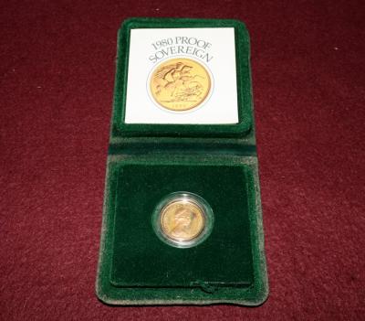 A 1980 proof gold sovereign, in